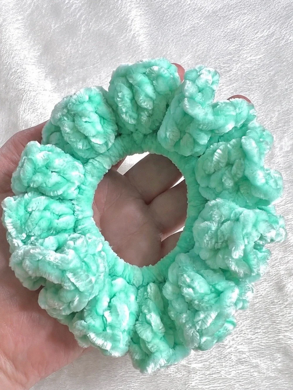 PinkRainCloud Handmade Mint Green Velvet Crochet Hair Scrunchie Soft Hair Tie